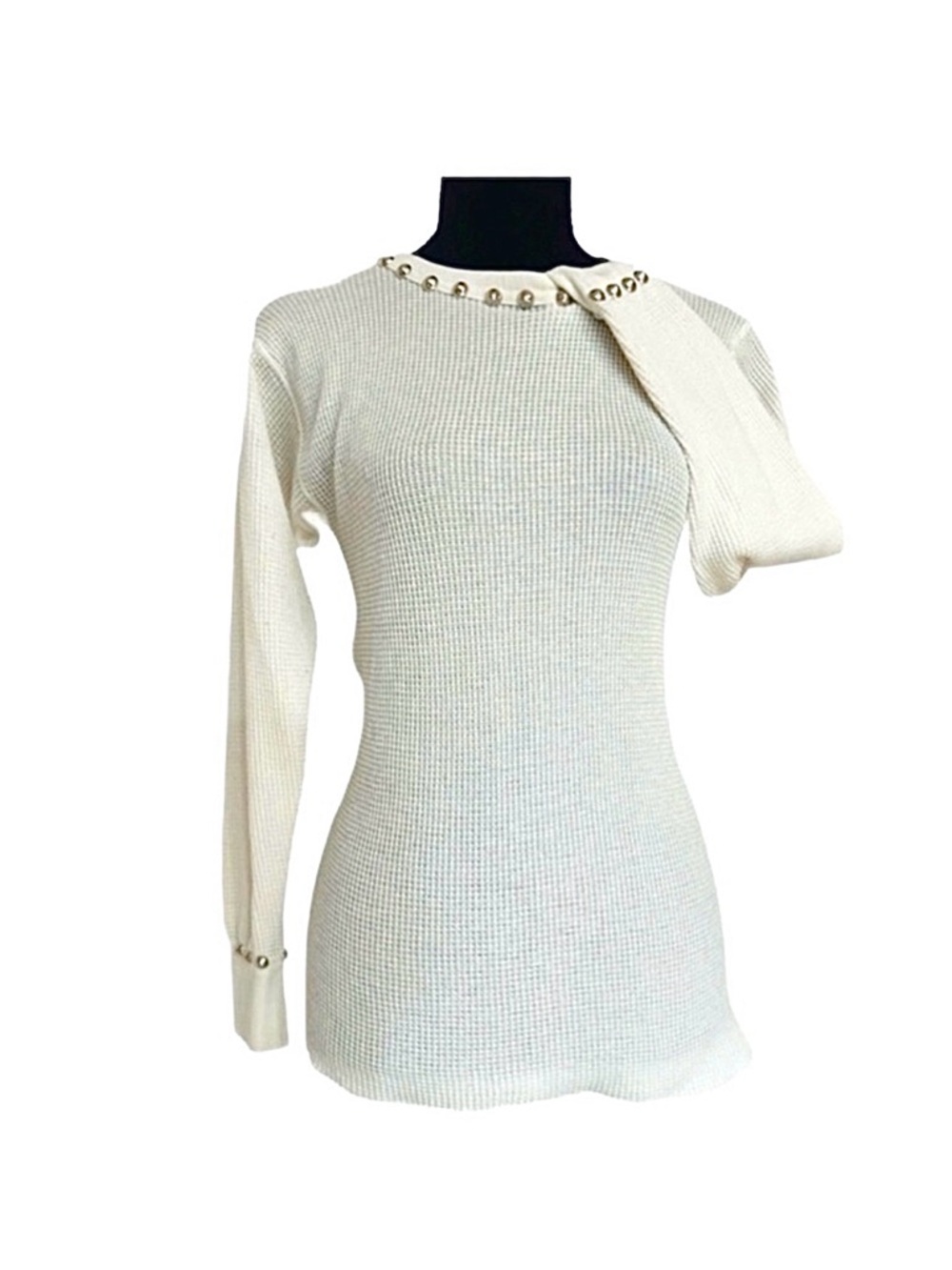 J.E. MORGAN ~ Off White/Cream Thermal Waffle Top with Studded Details size L
